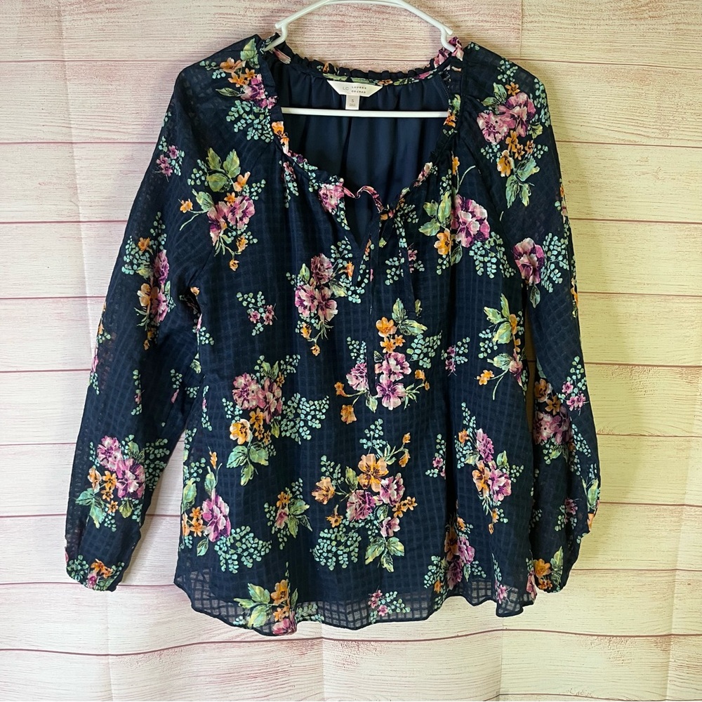 LC Conrad Blue With Floral Neck Tie Detail Blouse Size Small - Picture 1 of 6